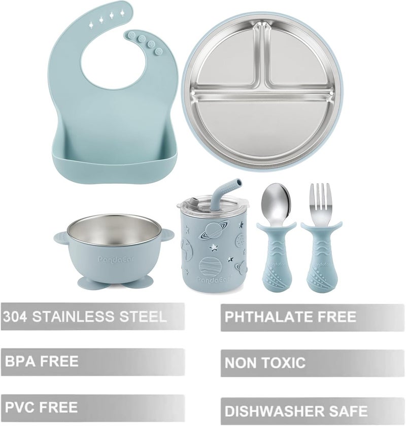 PandaEar 6-in-1 Stainless Steel Baby Feeding Set | Divided Suction Plate, Bowl, Sippy Cup with Straw, Bib, Spoon & Fork | BPA-Free Toddler Feeding Essentials for Self-Feeding (Blue) - Image 3